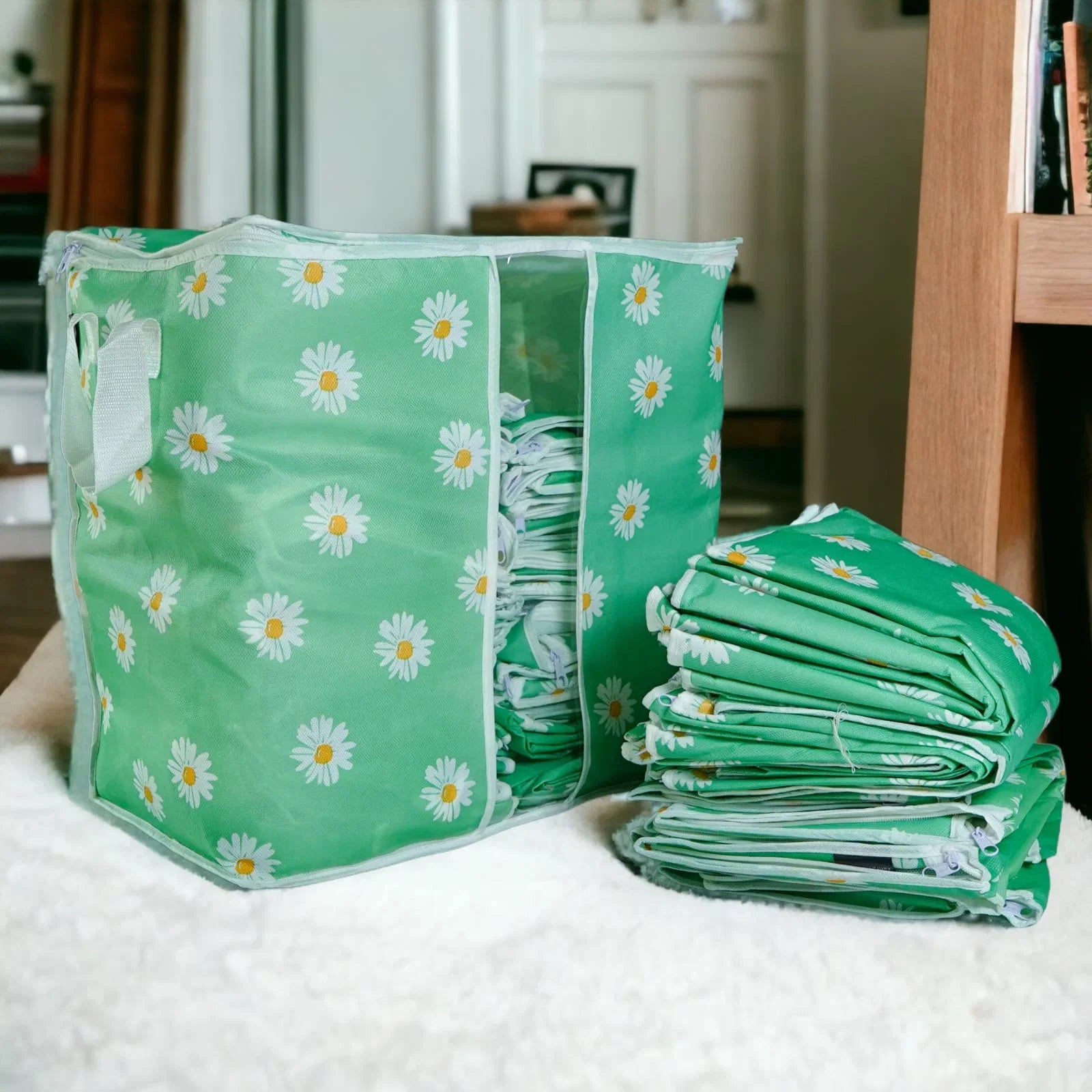 Green Floral Storage Bag – Ideal for Clothes, Blankets, Quilts & Bedding