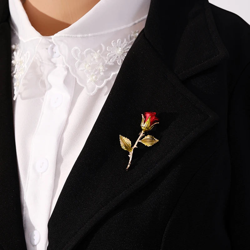 Classic red rose flower brooch