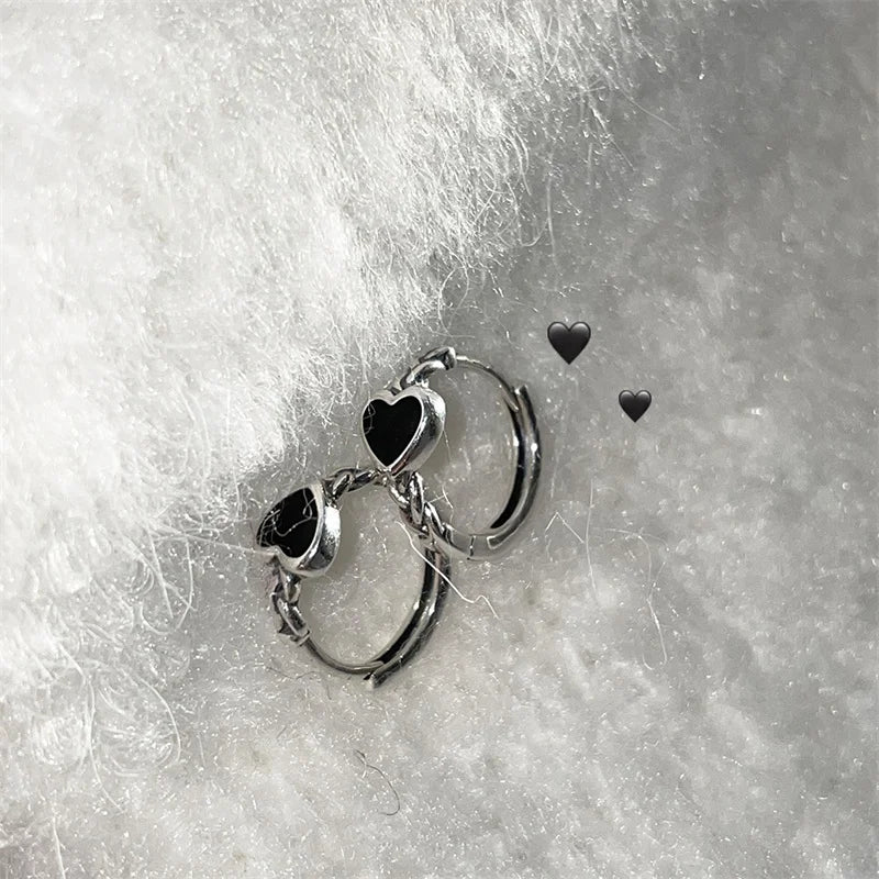 Korean Black Twisted Silver Color Hoops Earrings