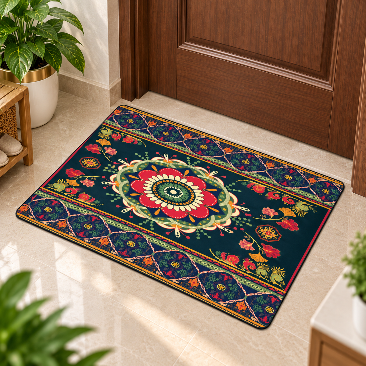 Mandala Floral Floor Mat – 22x15 Inch Vibrant Decorative Mat with Anti-Slip Backing