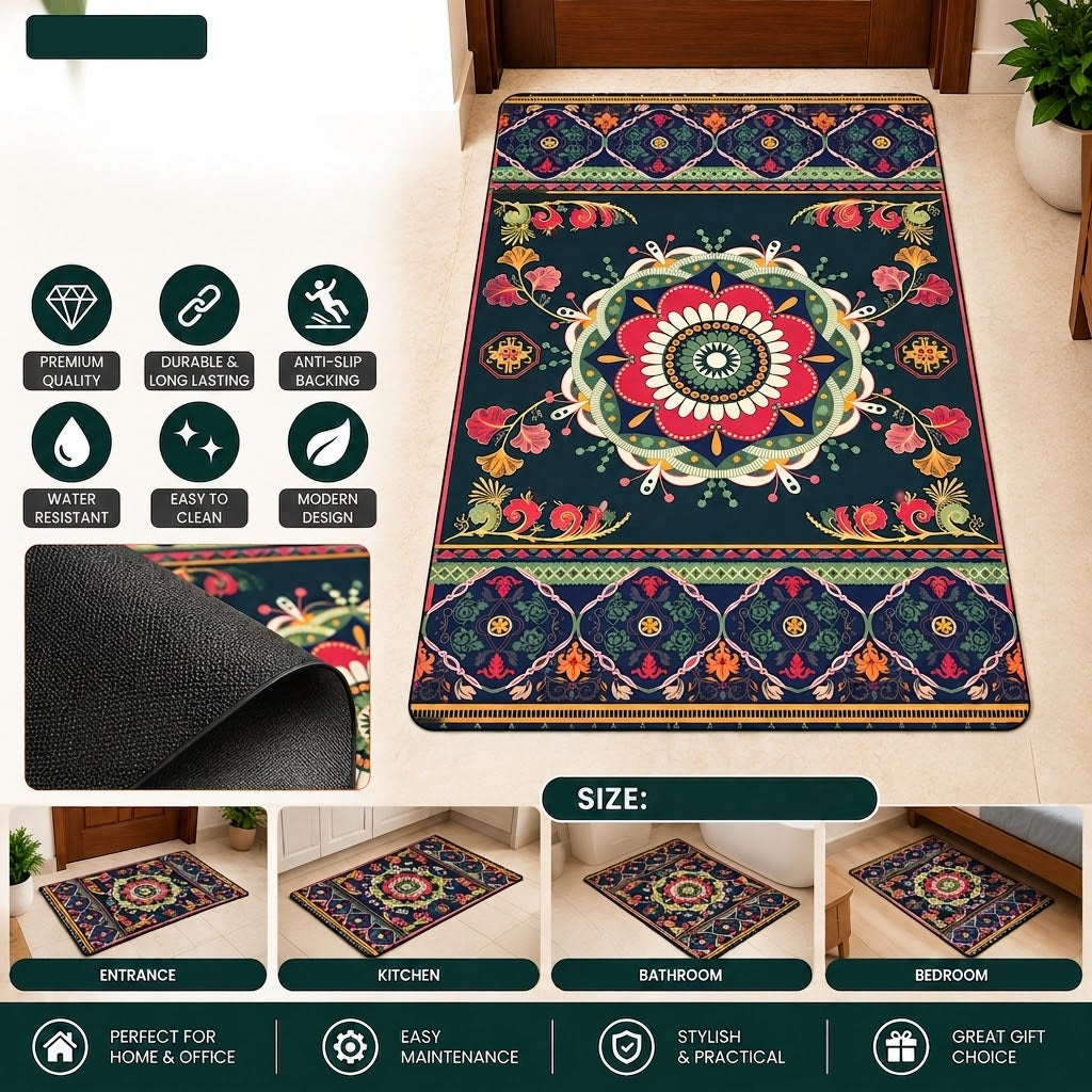 Mandala Floral Floor Mat – 22x15 Inch Vibrant Decorative Mat with Anti-Slip Backing