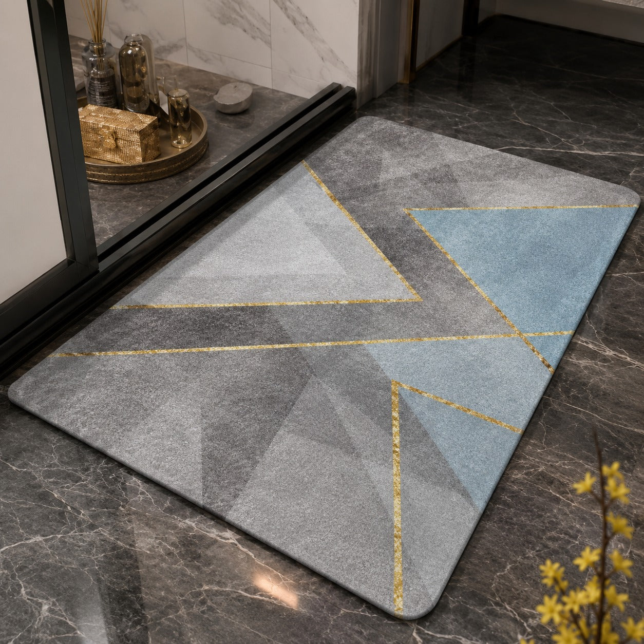 Modern Blue Gold Floor Mat – Abstract Decorative Non-Slip Bathroom Rug