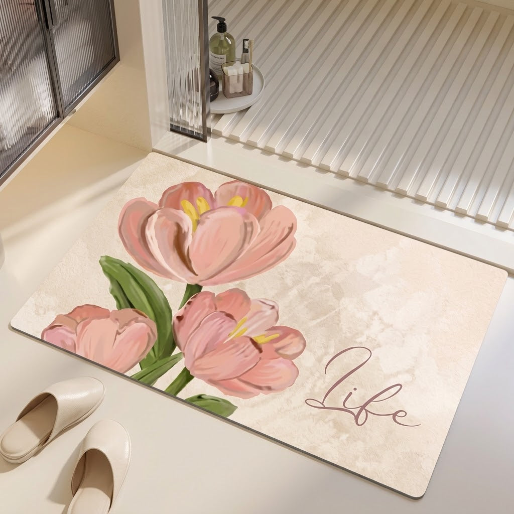 Pink Floral Decorative Mat – 22x15 Inch Easy-Clean Anti-Slip Floor Mat