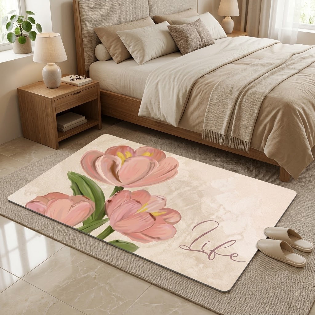 Pink Floral Decorative Mat – 22x15 Inch Easy-Clean Anti-Slip Floor Mat