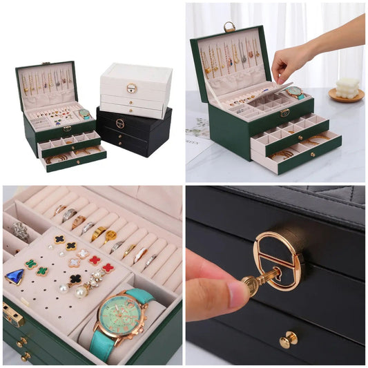 Portable Lock Jewelry Box – 3 Tier Organizer with Large Capacity