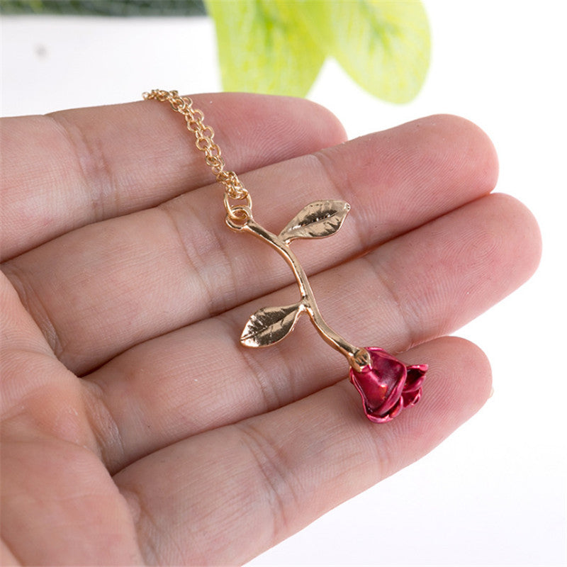 Red Rose Flower Pendant Necklace