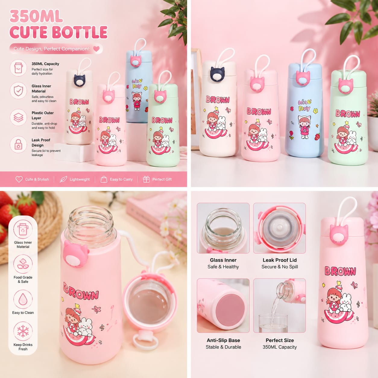 Reusable Cartoon Glass Bottle – Adorable Character Printed Water Bottle