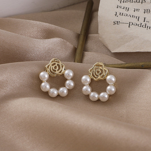 Romantic Korean Gold Pearl Flower Earrings