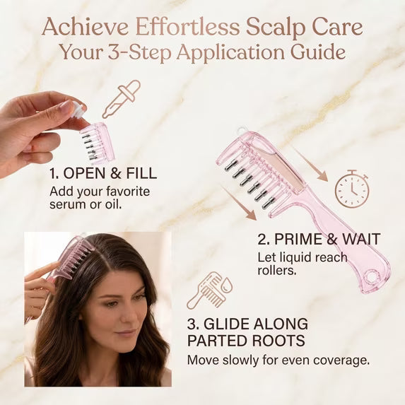 Scalp Massage Oil Applicator – Refillable Comb with 6 Roller Ball Tips