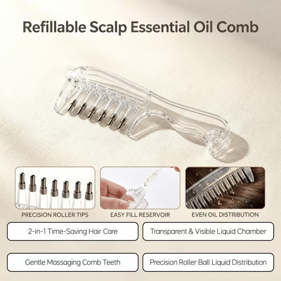 Scalp Massage Oil Applicator – Refillable Comb with 6 Roller Ball Tips
