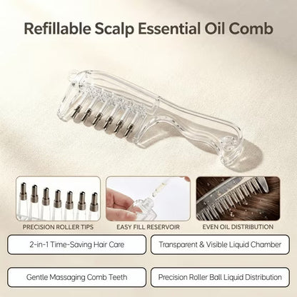 Scalp Massage Oil Applicator – Refillable Comb with 6 Roller Ball Tips