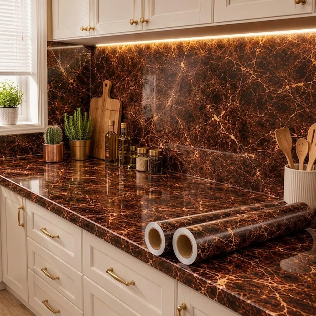 Self-Adhesive Brown Marble Wallpaper – 60cm x 2m Waterproof Decorative Sheet