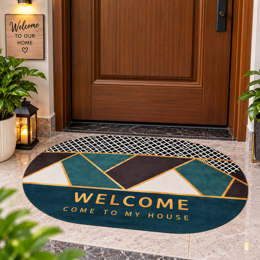 Teal & Gold Geometric Floor Mat – Stylish Decorative Mat for Home Entrance