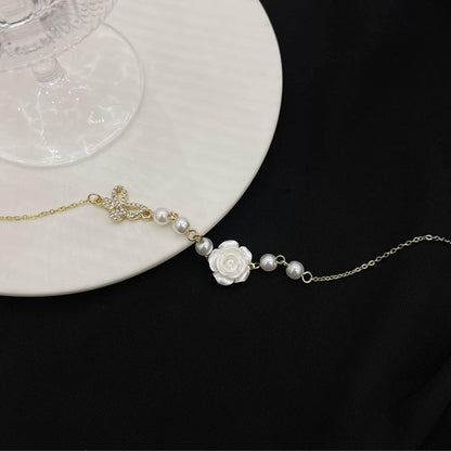 White Rose Imitation Pearl Neckless For Women