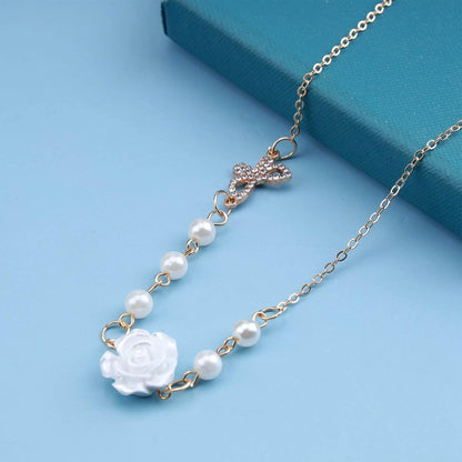 White Rose Imitation Pearl Neckless For Women