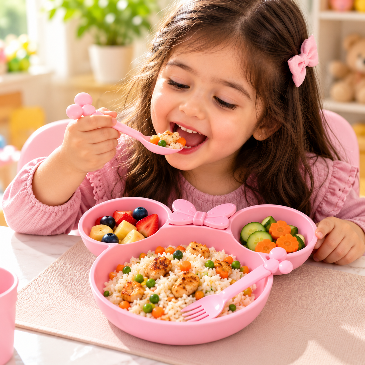 Kids Dinner Set Cute Cartoon Plate Bowl & Cutlery