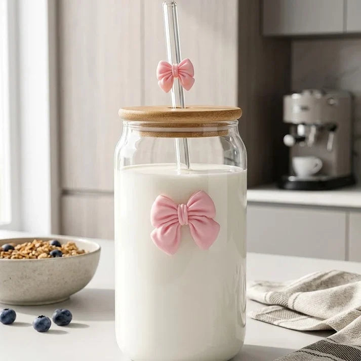 Cute Bow Glass Tumbler With Wooden Lid & Glass Straw