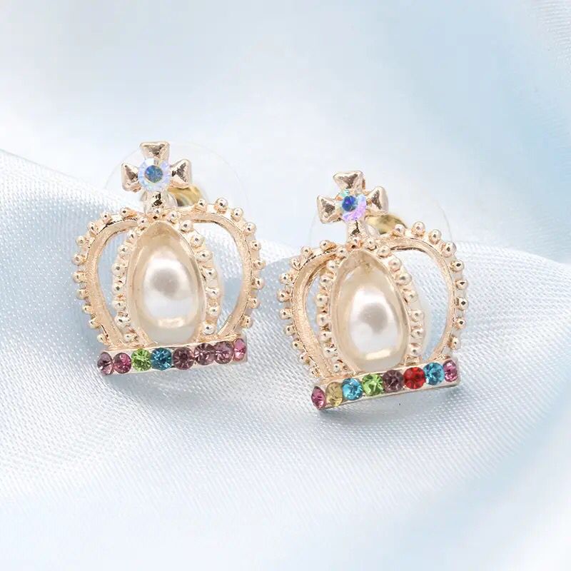 Small Colorful Crown Crystal Pearl Stud Earring
