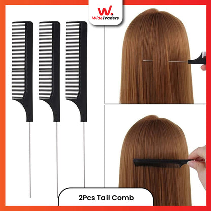 2PC Fine Teeth Tail Comb in Black