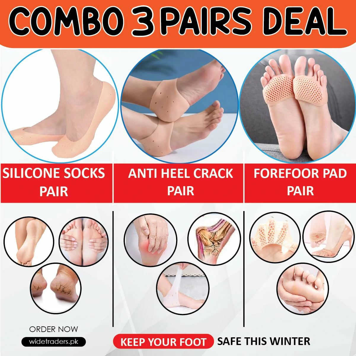 (3 in 1 Deal) Silicone Socks With Heel Crack Protector and Insole Pads
