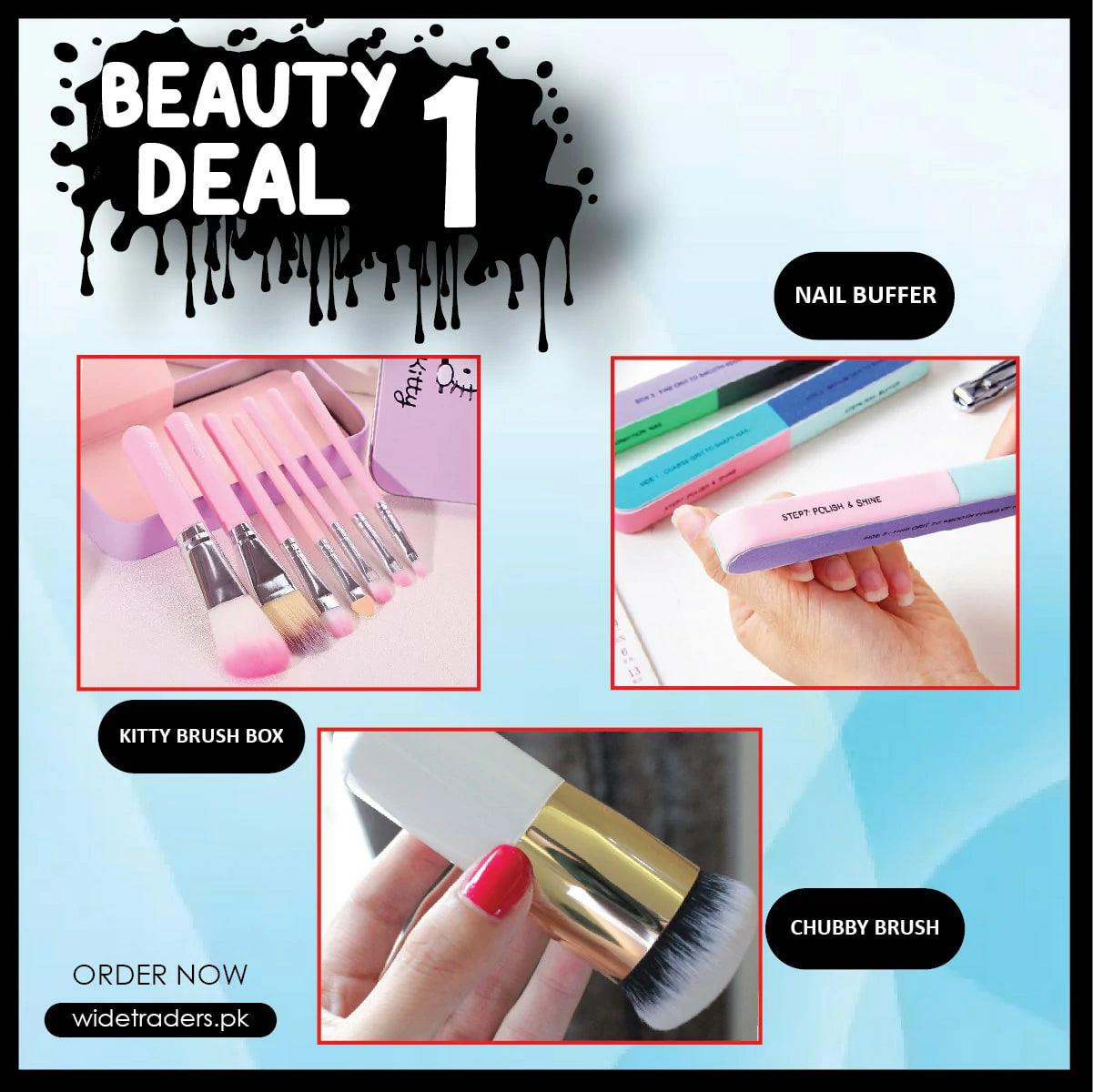 (3 In 1)Beauty Deal😳 Nail Polishing Buffer With Chubby Foundation Brush And (7pcs) Hello Kitty Makeup Brushes
